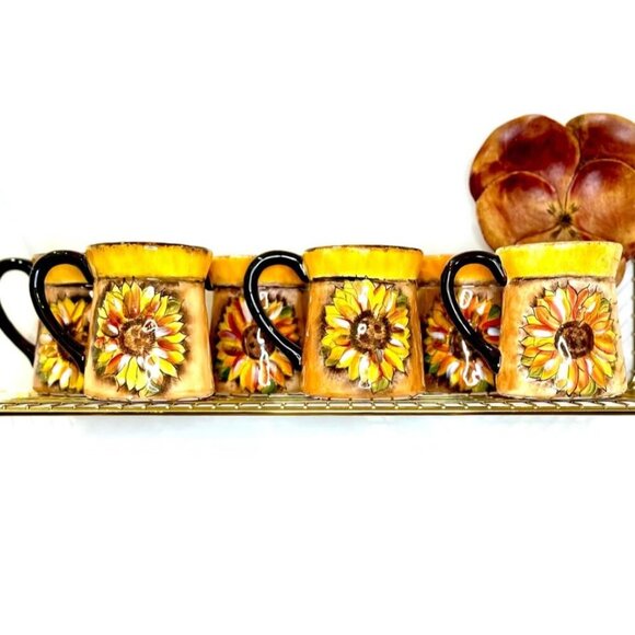 Set of 6 Vintage Clay Art Sunflower Ceramic Mugs HandPainted, Rustic Style - Picture 2 of 10